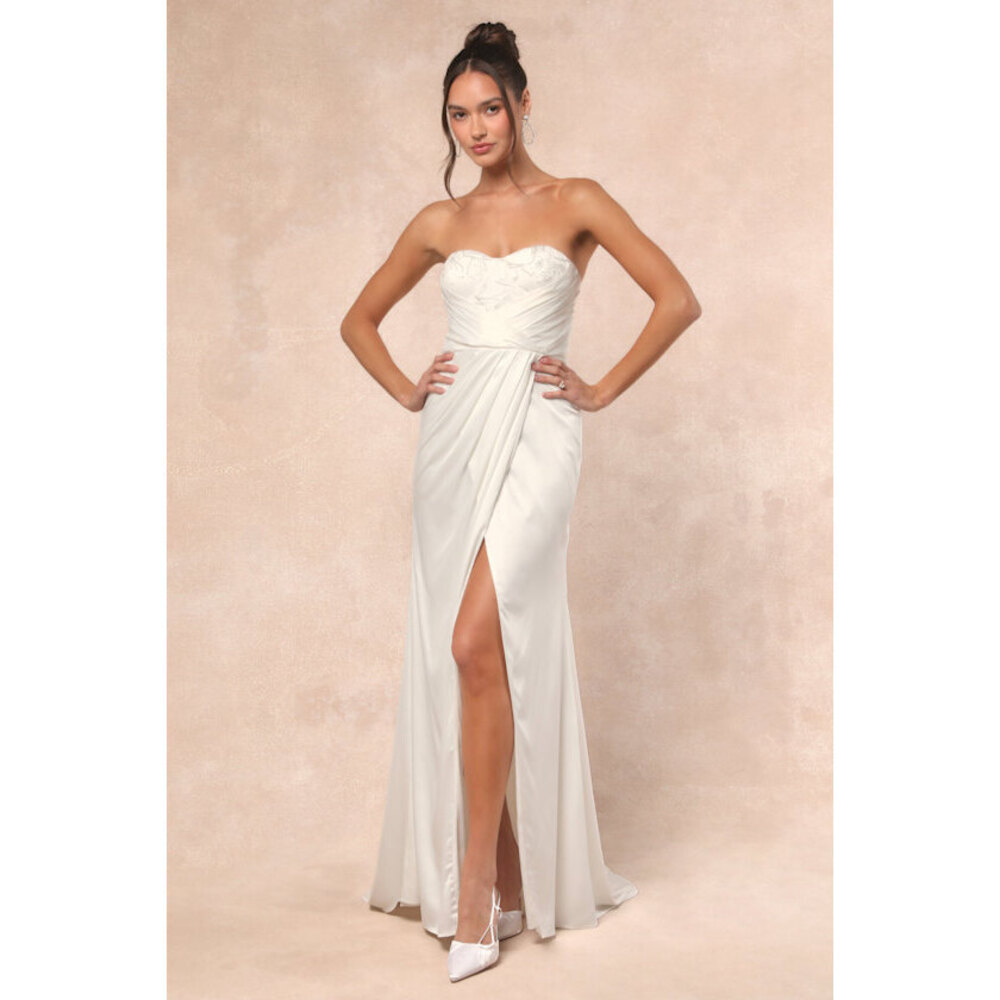 Lulus Heidy White Satin Beaded Strapless Maxi Dress - Size L